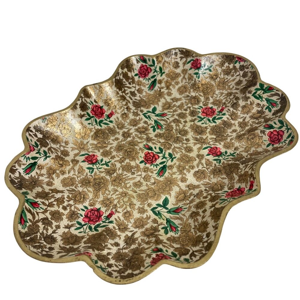 Vintage Viking Import Paper Mache Floral Dish Tray Scalloped Edge Gold Pink Rose